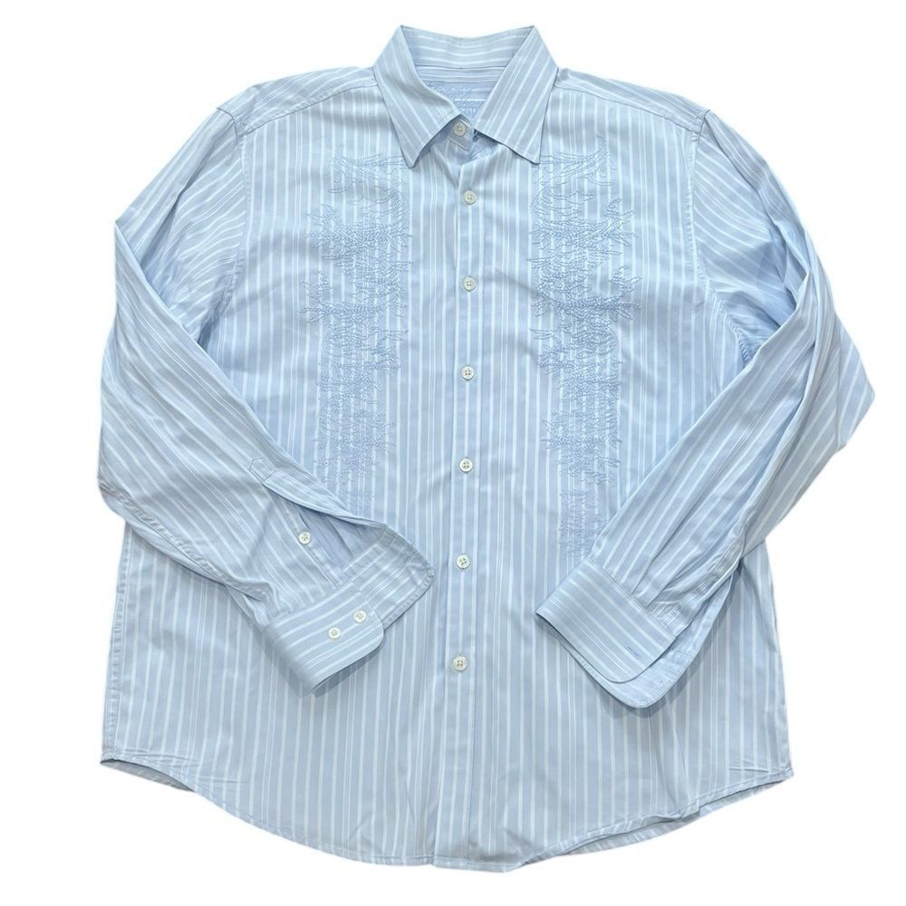 Tommy Bahama XL Men’s Blue Striped Embroidered Button-Up Shirt 100% Cotton